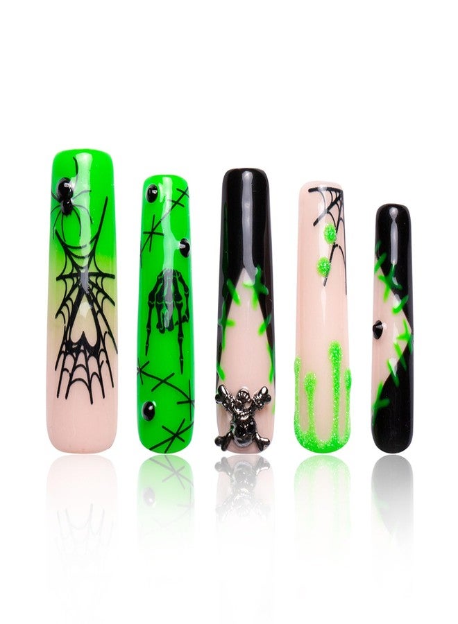 LOVFUL Press on Nails Halloween Luminous Lurker | Glow in the Dark | Handmade with Full Covered Crystals | Reusable Fake Nails | Square Mid length 1.7in | H339-S - Image 1